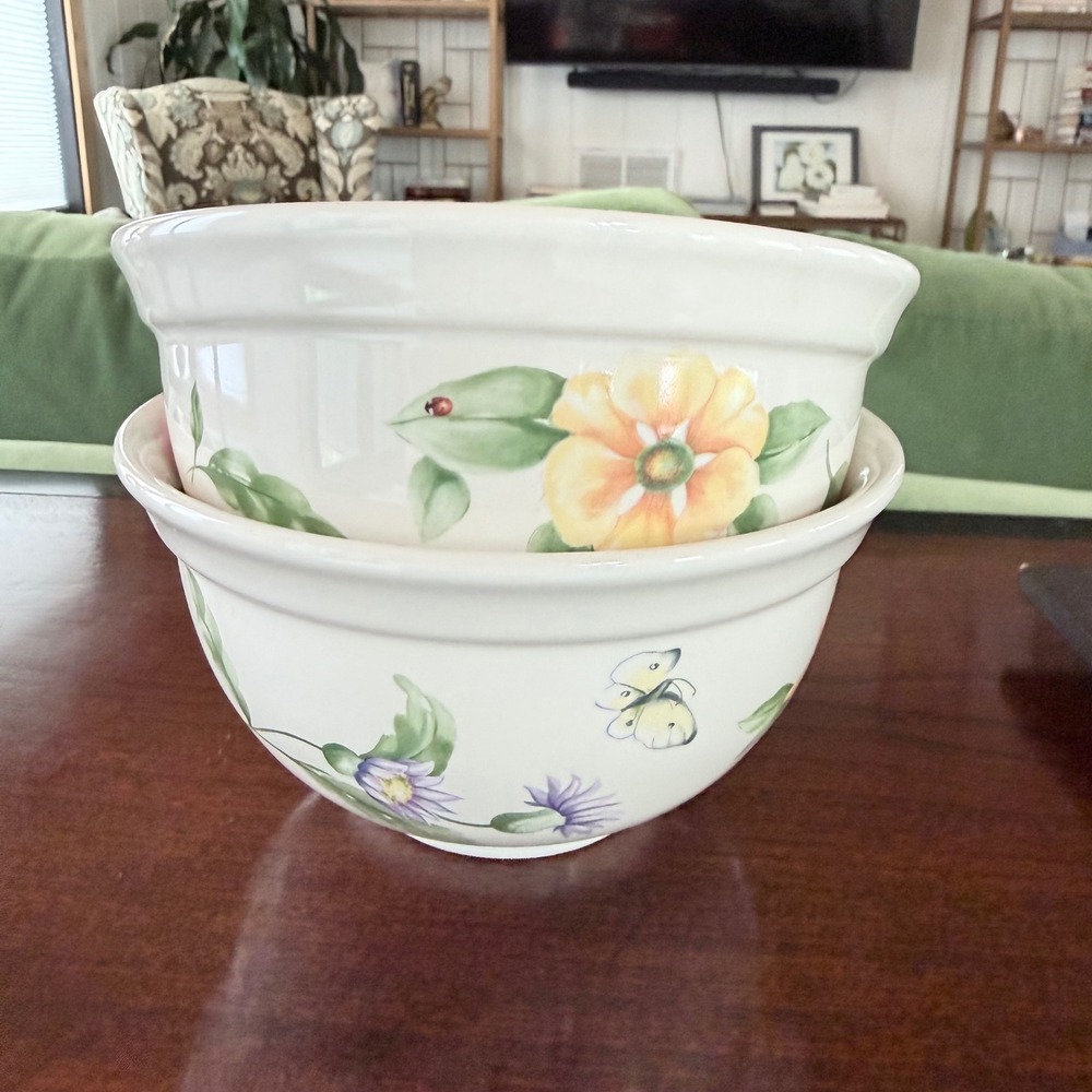 Vintage Pfaltzgraff Naturewood Serving Mixing Bowl Floral Butterfly Ladybug 7"